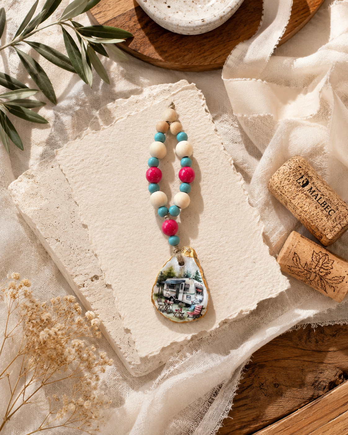 Vintage Camper Oyster Shell Bottle Charm | Boho Wine Bottle Decor Gift