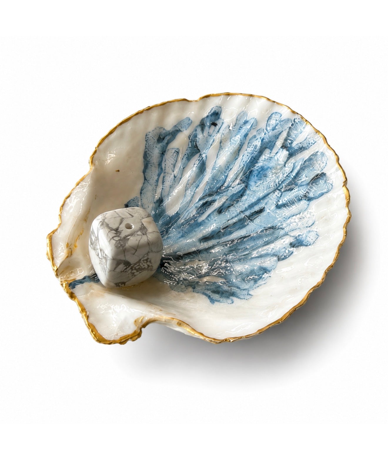 Coastal Blue Handmade Shell Incense Burner Collection | Decorated Scallop Shell with Crystal Incense Holders