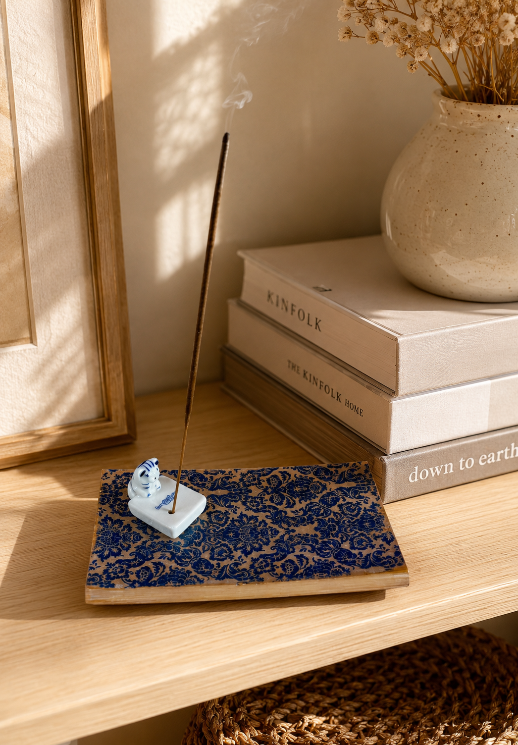 Furry Friends Blue Willow Incense Tray – Handcrafted Wooden Incense Burner with Ceramic Cat Holder