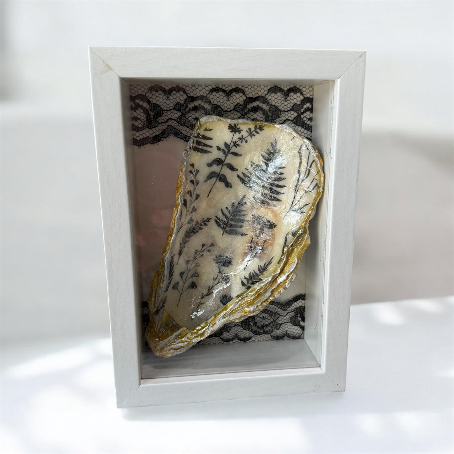 Seashell Shadowbox Shelf Decor - Black/White Lace