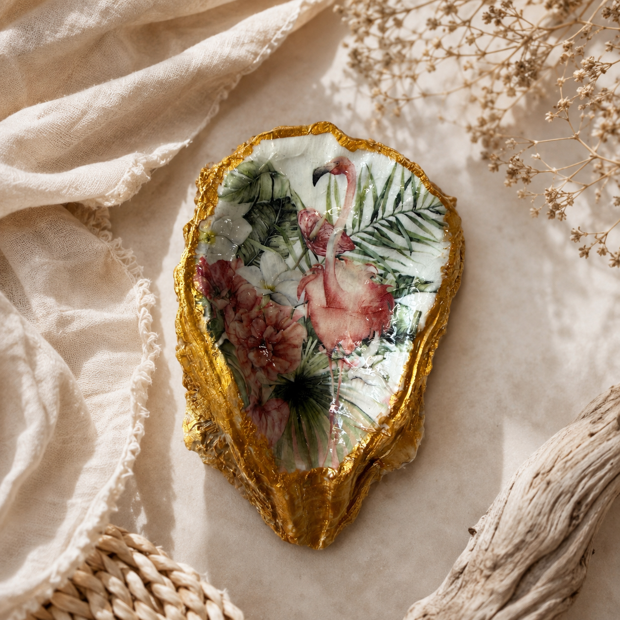 Natural Shell Trinket Dish, Coastal Home Decor - Tropical Flamingo