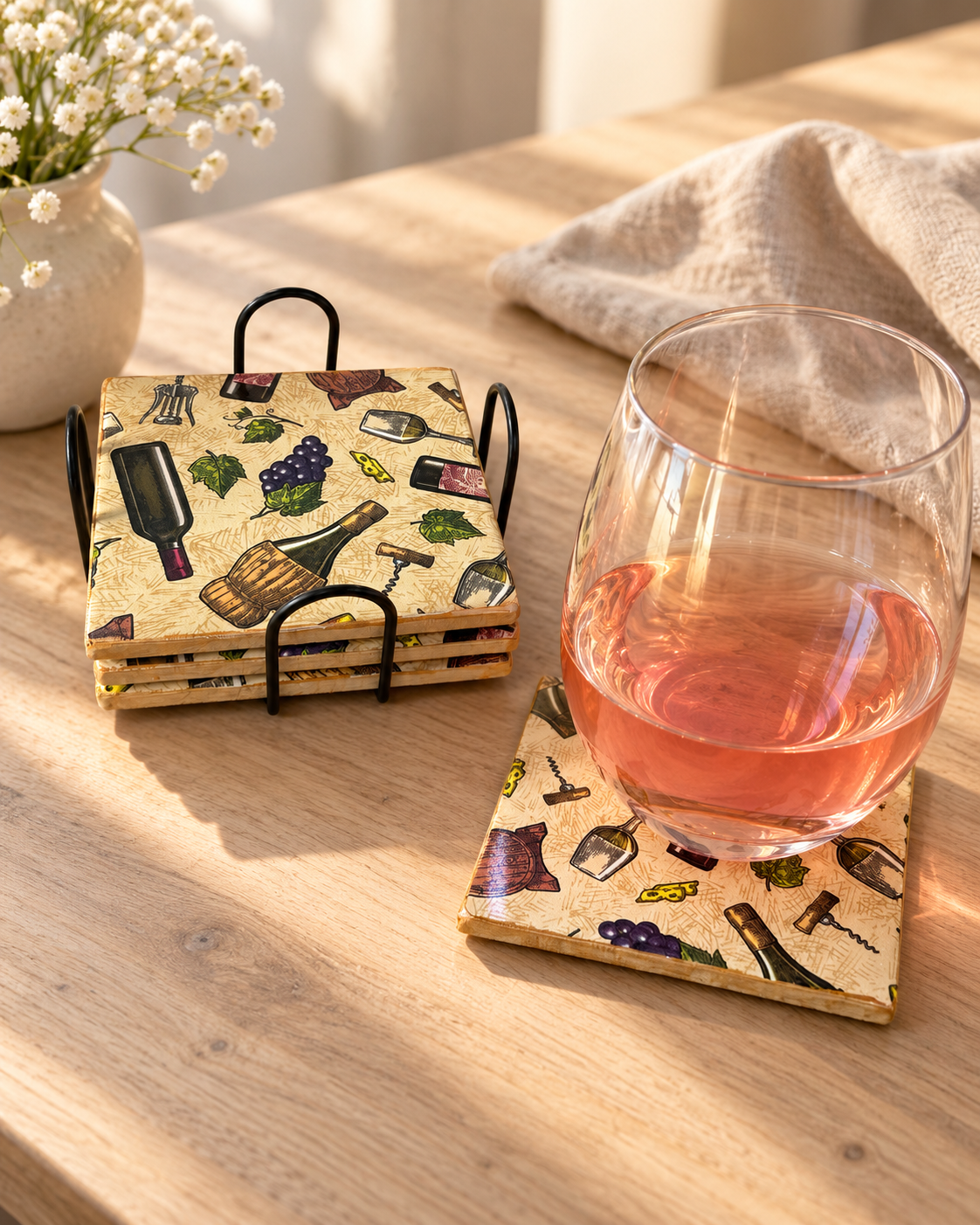 Wine & Grapes Coaster Set with Metal Holder