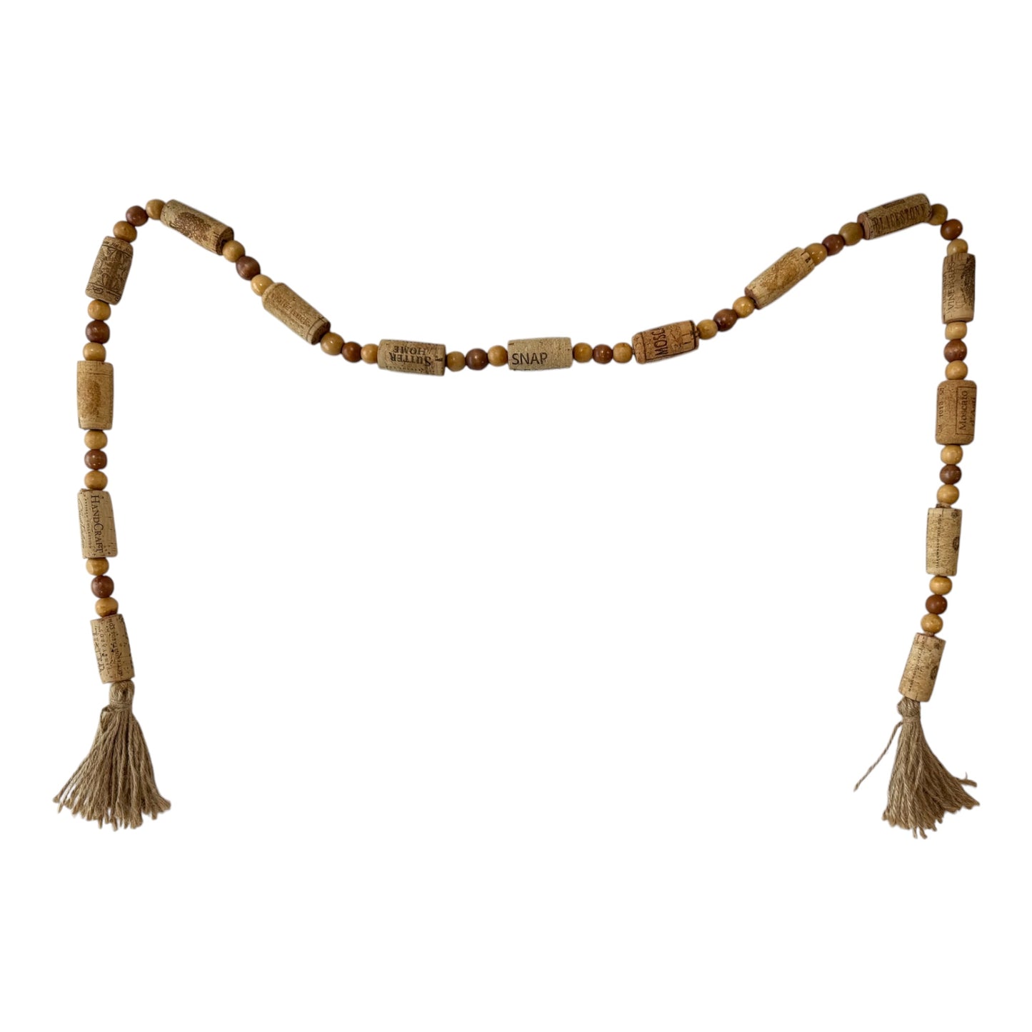 Handcrafted Wine Cork Garland – Timeless Rustic Boho Decor with Round Wood Beads & Tassels