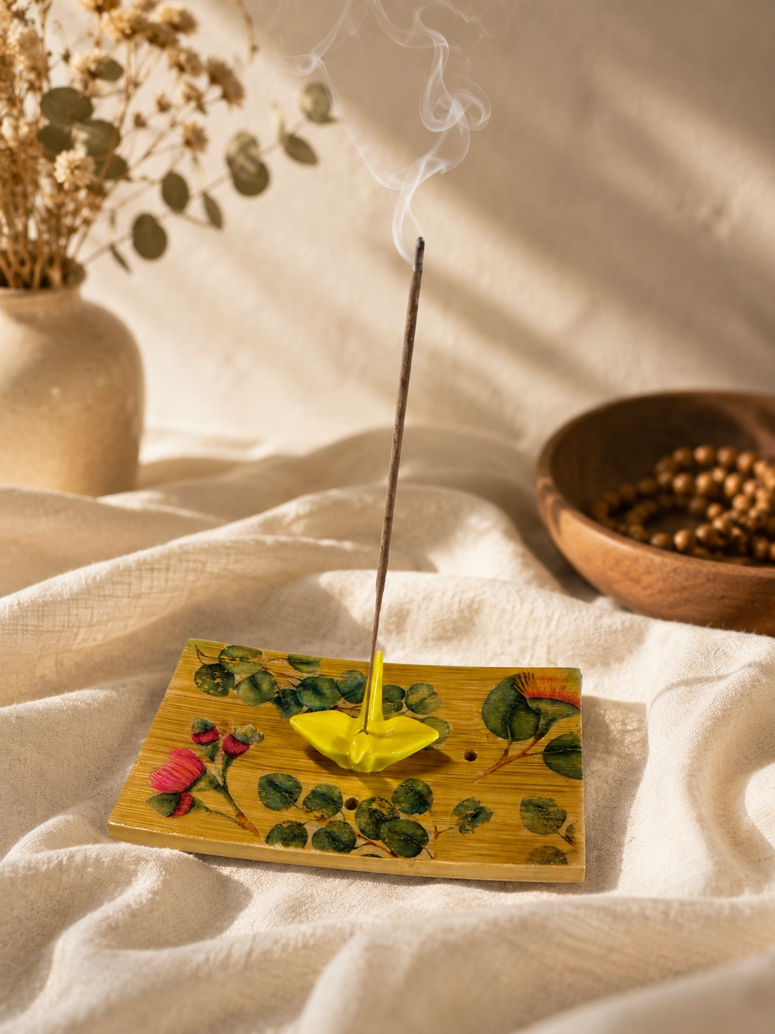 Origami Garden Incense Burner | Handcrafted Bamboo Incense Tray with Ceramic Crane Holder