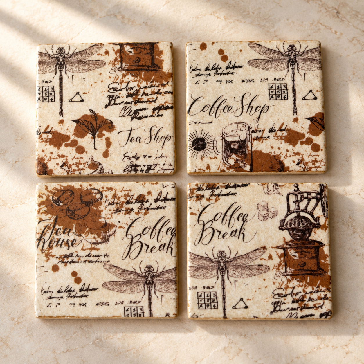 Vintage Coffee Shop Coaster Set with Holder