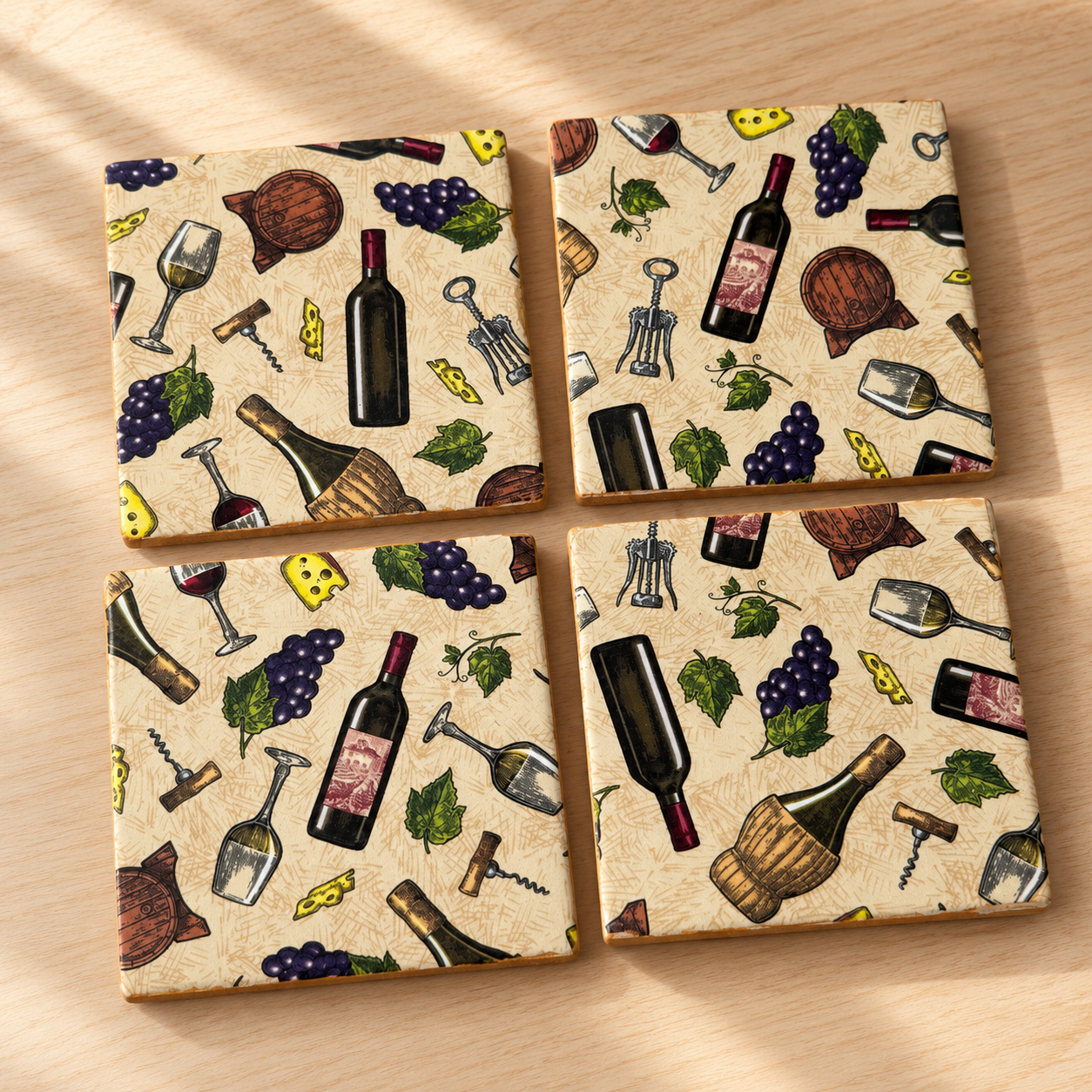 Wine & Grapes Coaster Set with Metal Holder