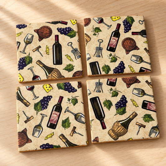 Wine & Grapes Coaster Set with Metal Holder