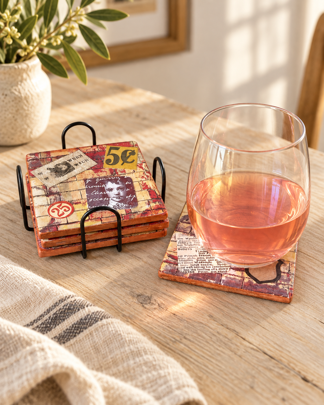 Vintage Mercantile Farmhouse Coaster Set – Set of 4 with Holder
