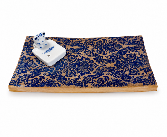 Furry Friends Blue Willow Incense Tray – Handcrafted Wooden Incense Burner with Ceramic Cat Holder