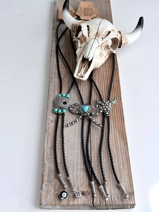 Western Style Bolo Tie Pendant w/ Leather Cord Necklace