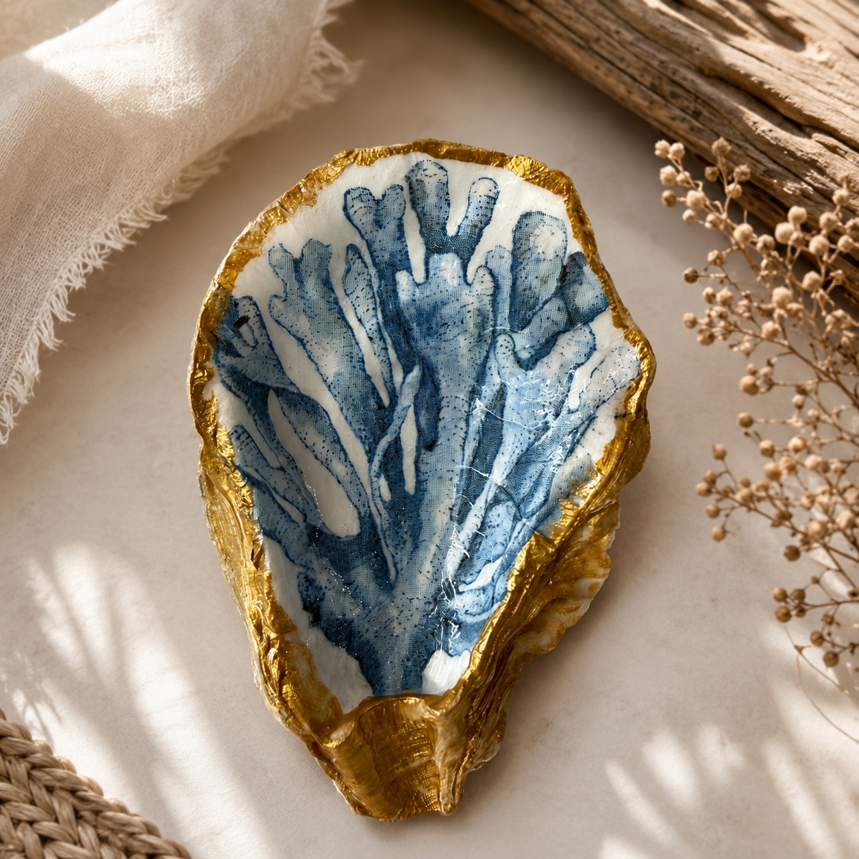 Natural Shell Trinket Dish, Coastal Home Decor - Blue Coral