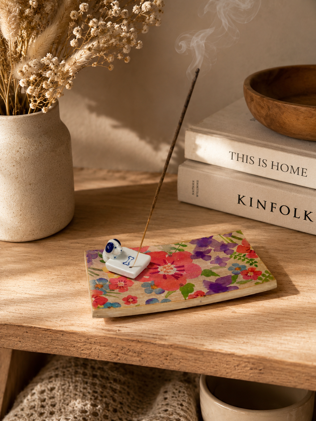 Furry Friends Incense Tray – Handcrafted Wooden Incense Burner with Ceramic Dog Holder