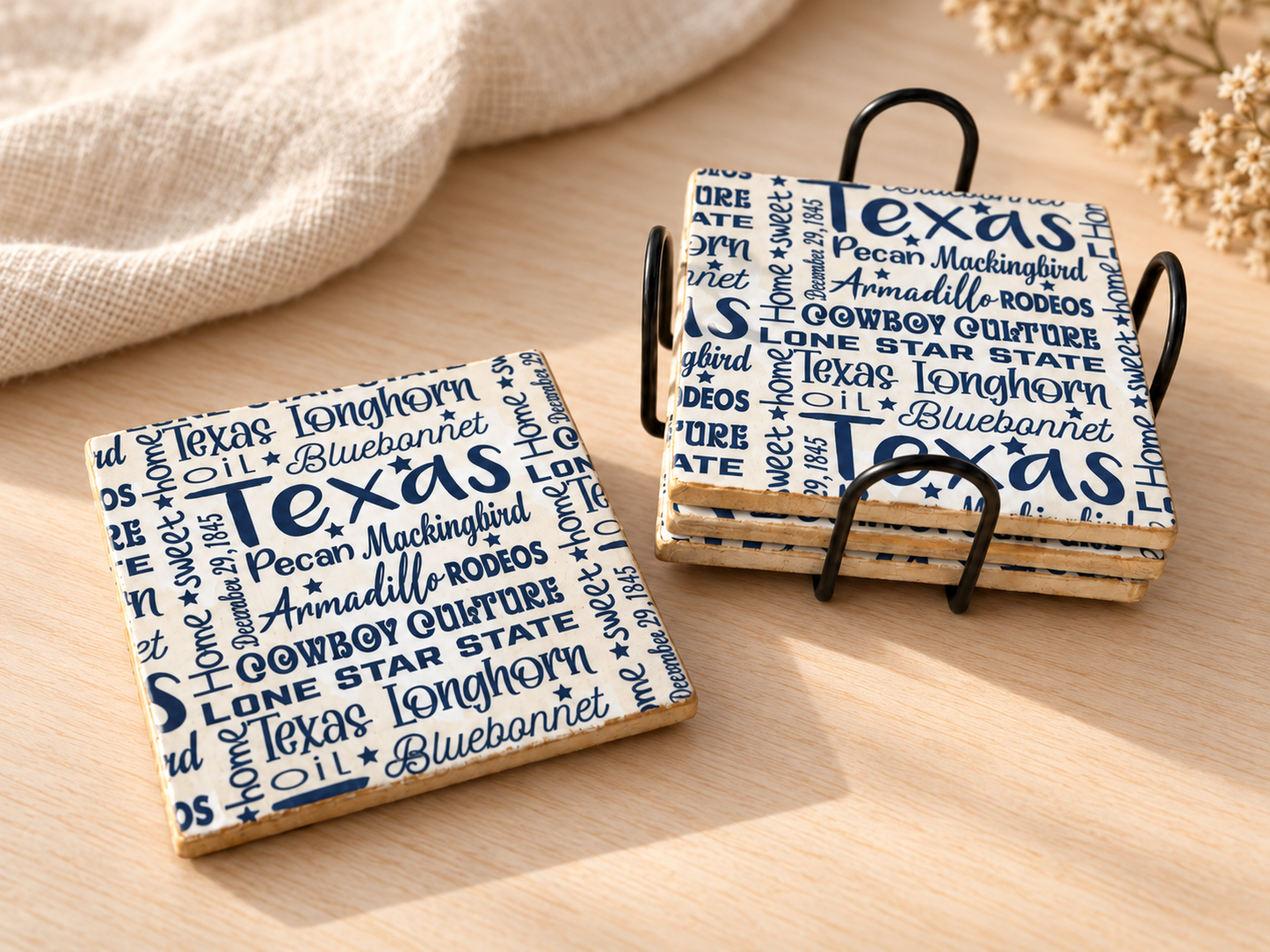 Texas Lone Star Handmade Coaster Set with Holder