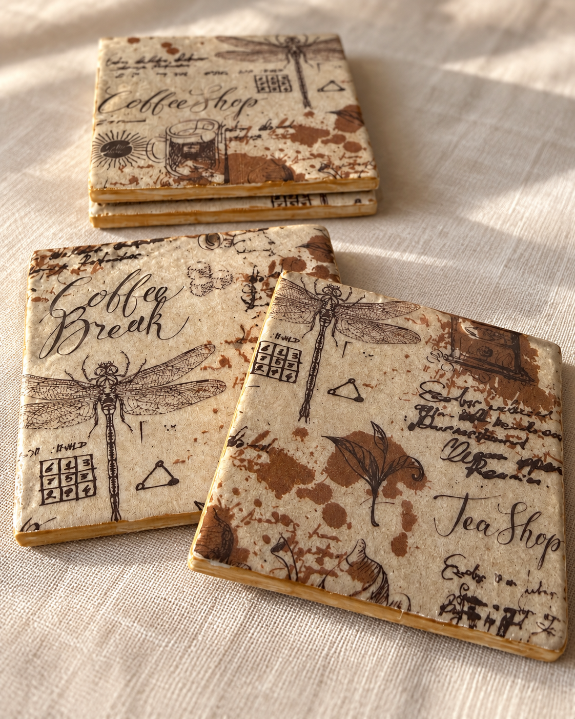 Vintage Coffee Shop Coaster Set with Holder