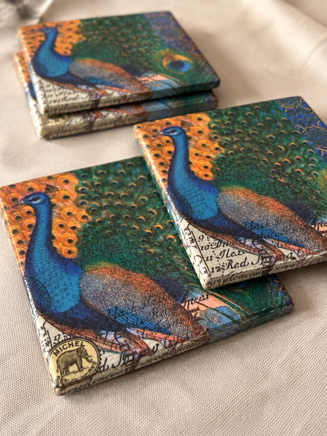 Peacock Splendor Handcrafted Coaster Set with Metal Holder