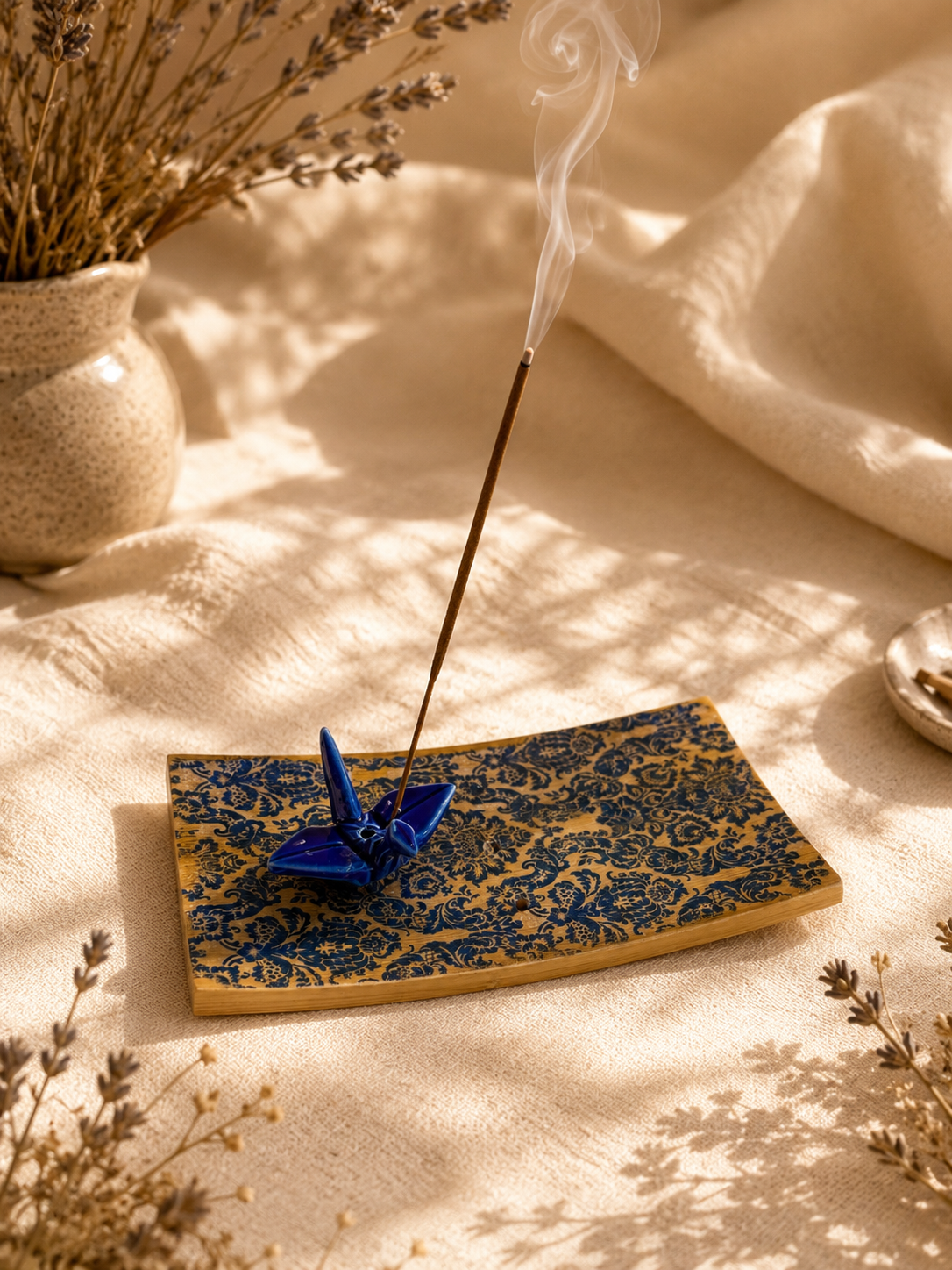 Origami Garden Incense Burner | Handcrafted Bamboo Incense Tray with Ceramic Crane Holder
