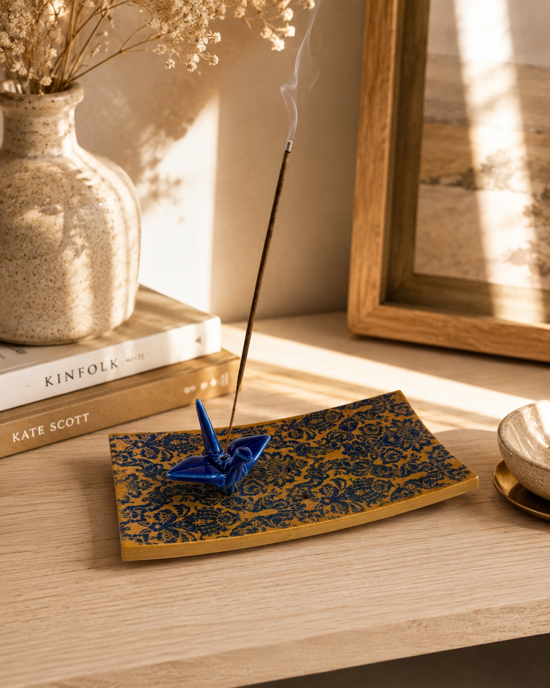 Origami Garden Incense Burner | Handcrafted Bamboo Incense Tray with Ceramic Crane Holder