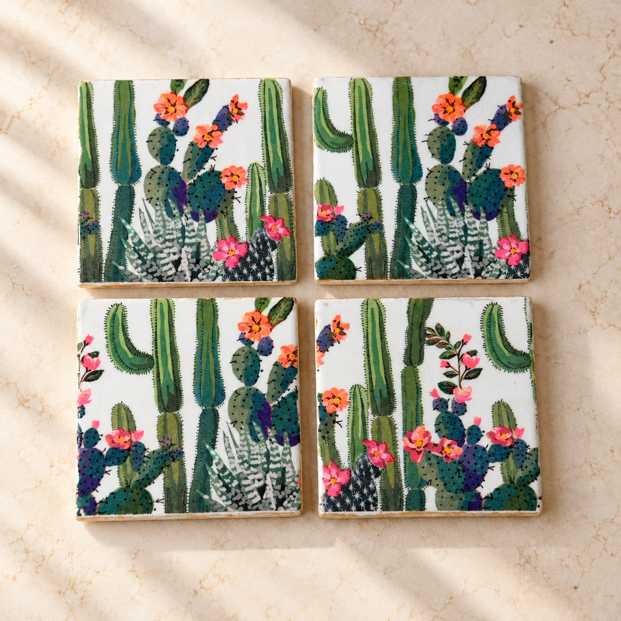 Desert Bloom Cactus Coaster Set with Holder