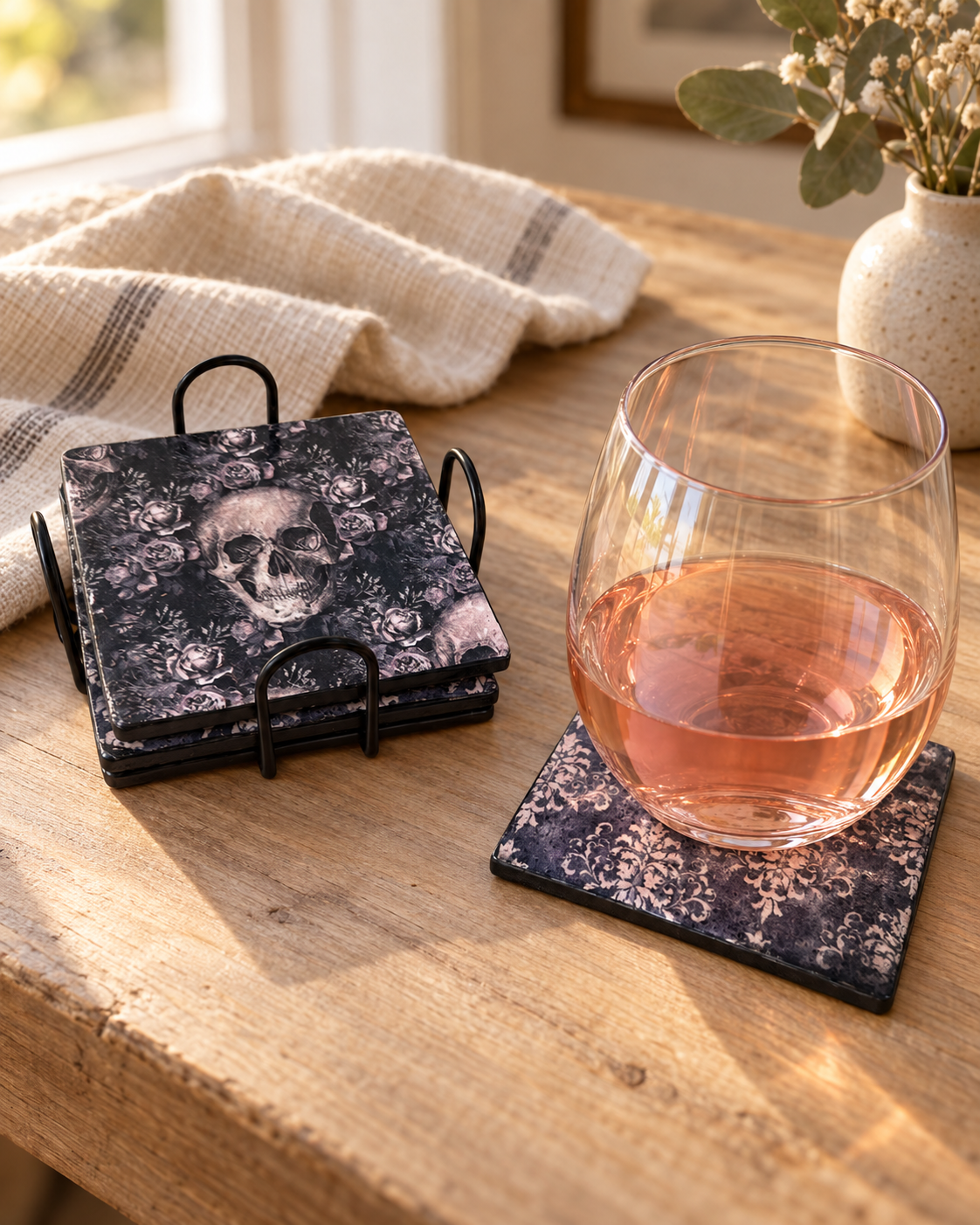 Gothic Skull & Damask Coaster Set with Metal Holder