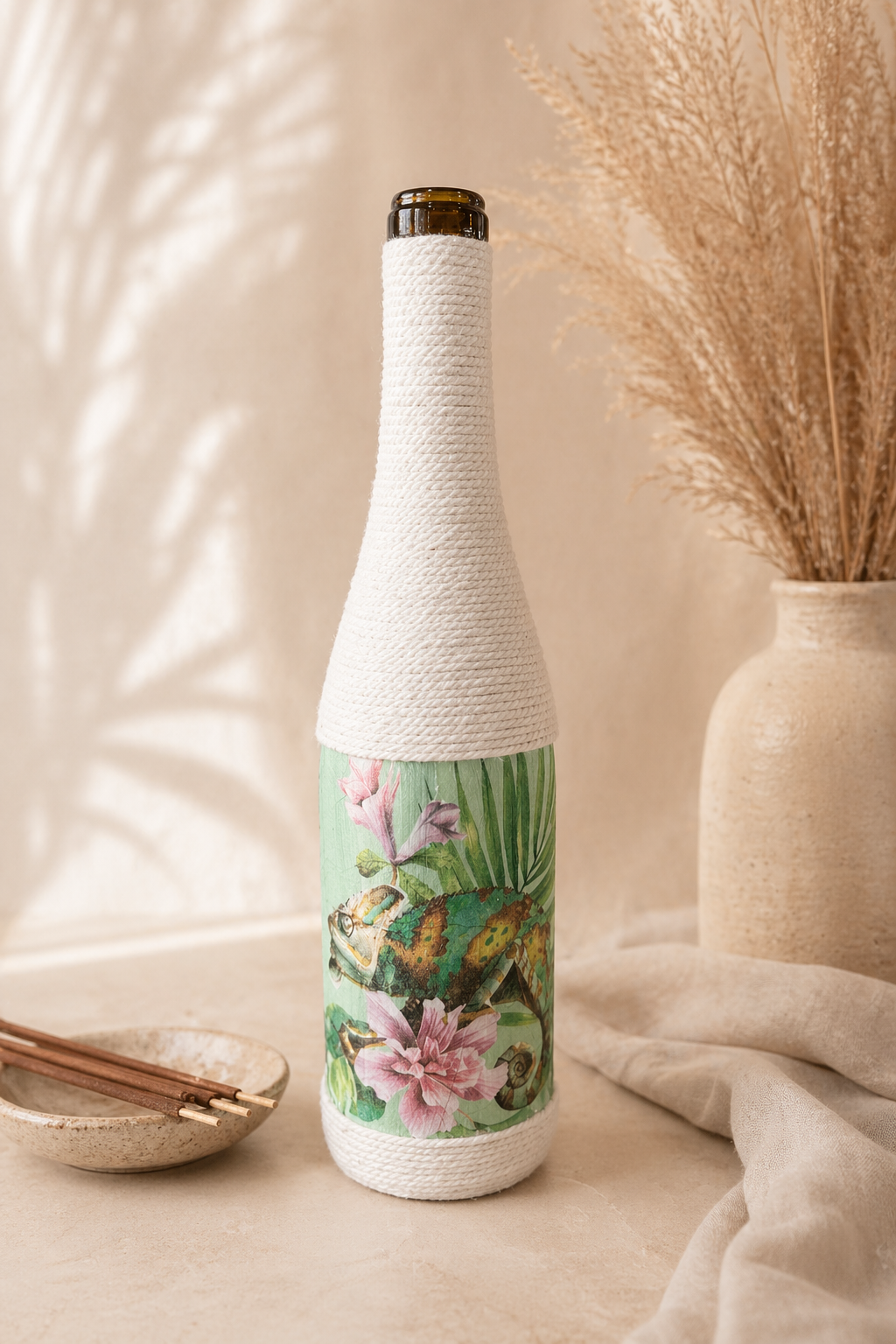 Botanical Chameleon Upcycled Wine Bottle Incense Burner | Boho Fragrance Decor