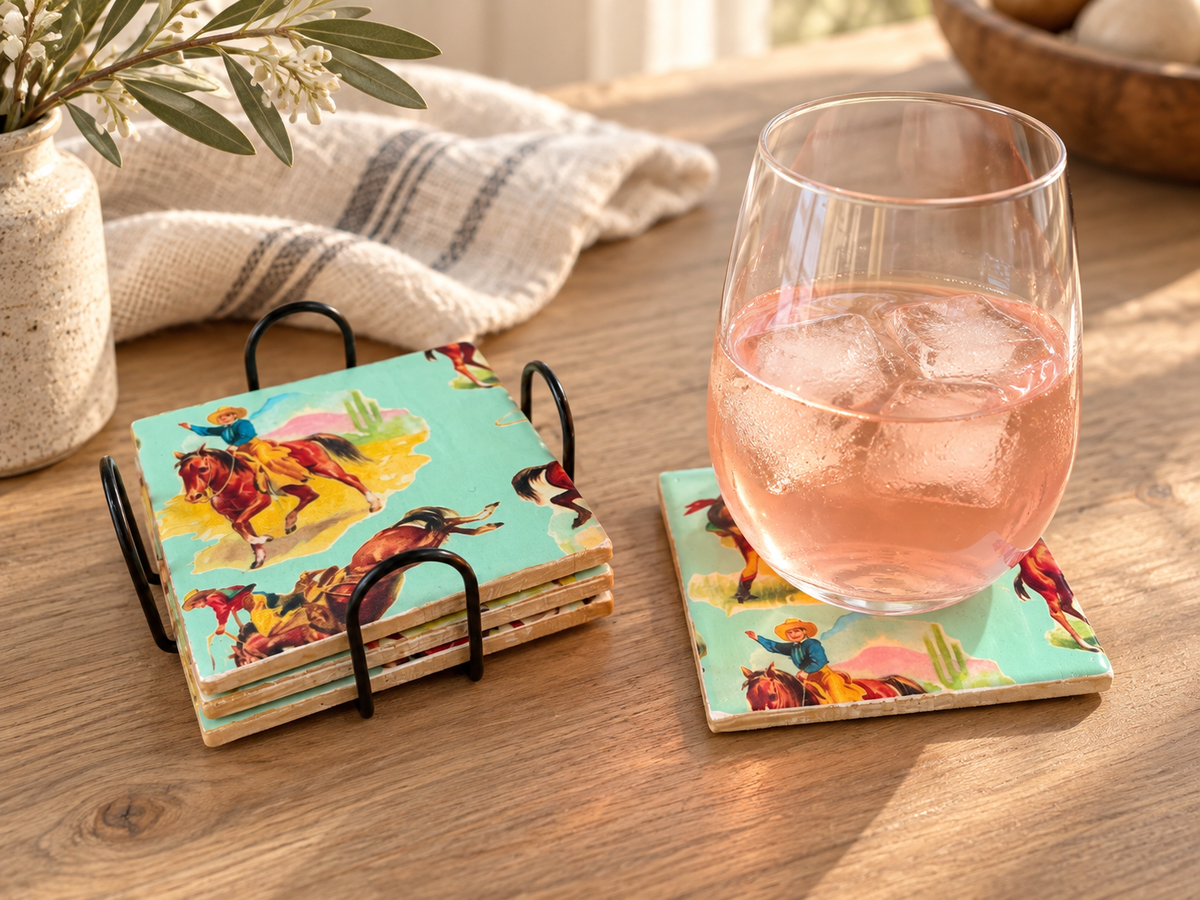 Retro Cowboy Coaster Set with Holder