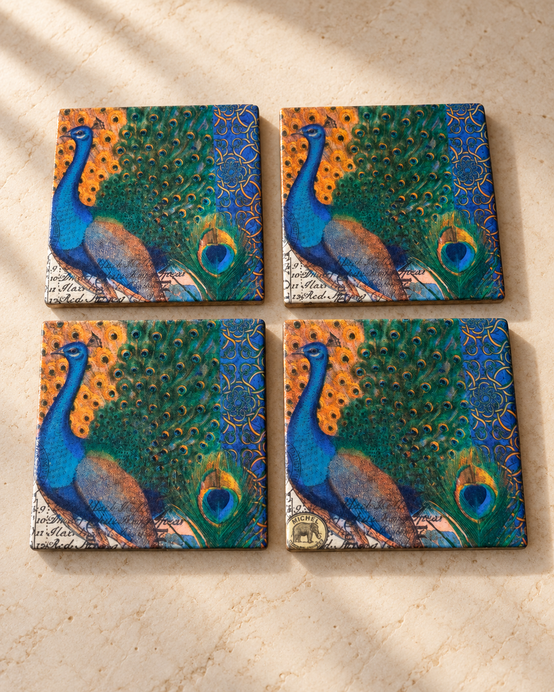Peacock Splendor Handcrafted Coaster Set with Metal Holder
