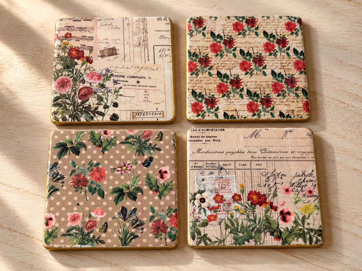 Vintage Botanical Floral Coaster Set with Holder