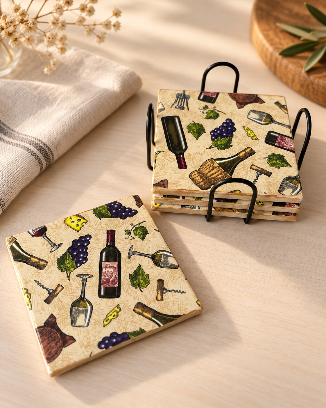 Wine & Grapes Coaster Set with Metal Holder