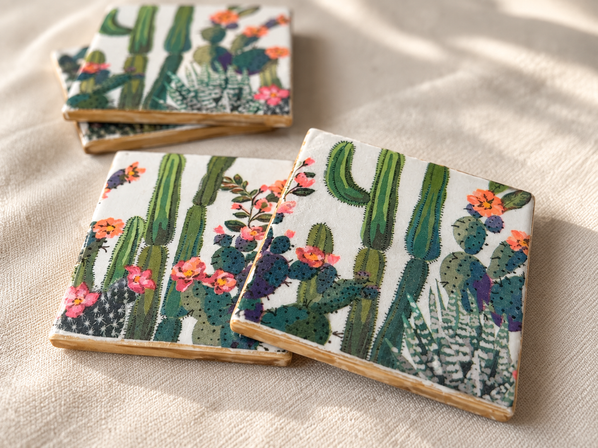 Desert Bloom Cactus Coaster Set with Holder