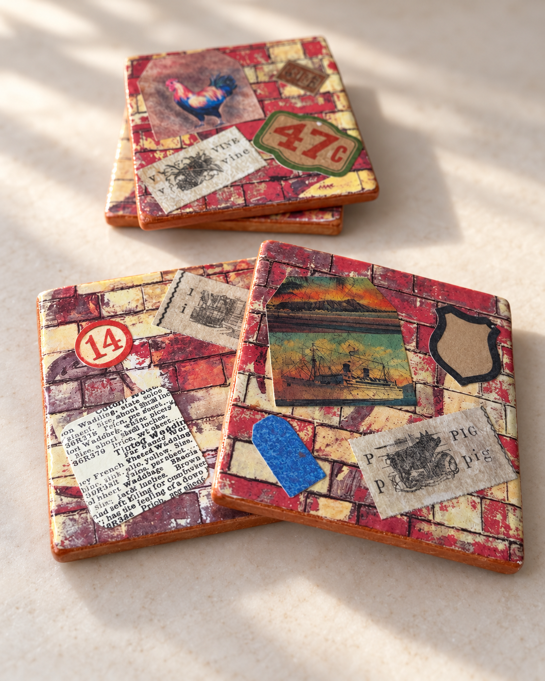 Vintage Mercantile Farmhouse Coaster Set – Set of 4 with Holder
