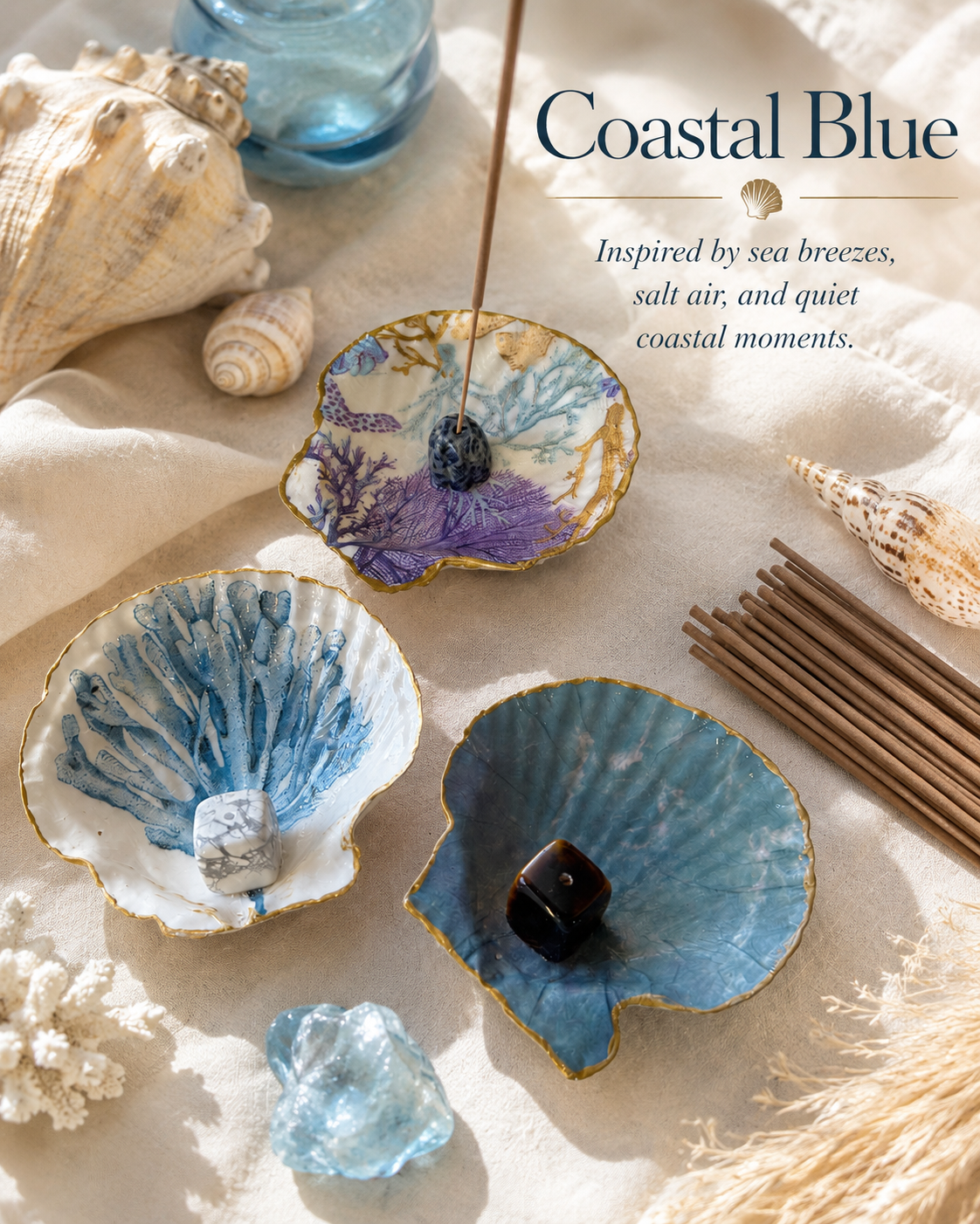 Coastal Blue Handmade Shell Incense Burner Collection | Decorated Scallop Shell with Crystal Incense Holders