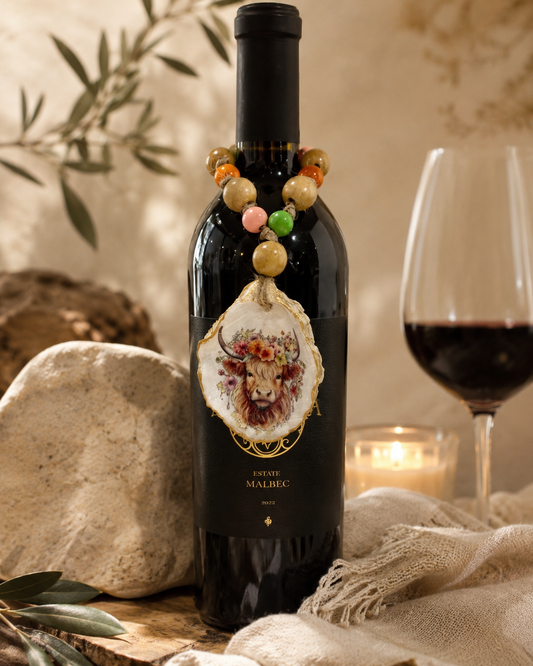 Highland Cow Oyster Shell Bottle Charm | Western Coastal Wine Decor