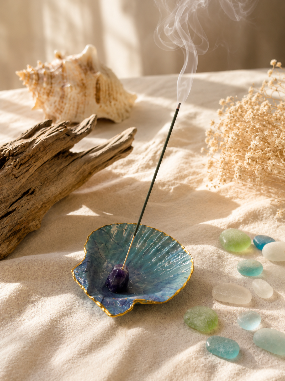 Coastal Blue Handmade Shell Incense Burner Collection | Decorated Scallop Shell with Crystal Incense Holders