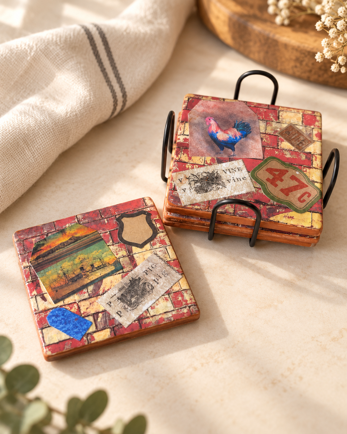 Vintage Mercantile Farmhouse Coaster Set – Set of 4 with Holder