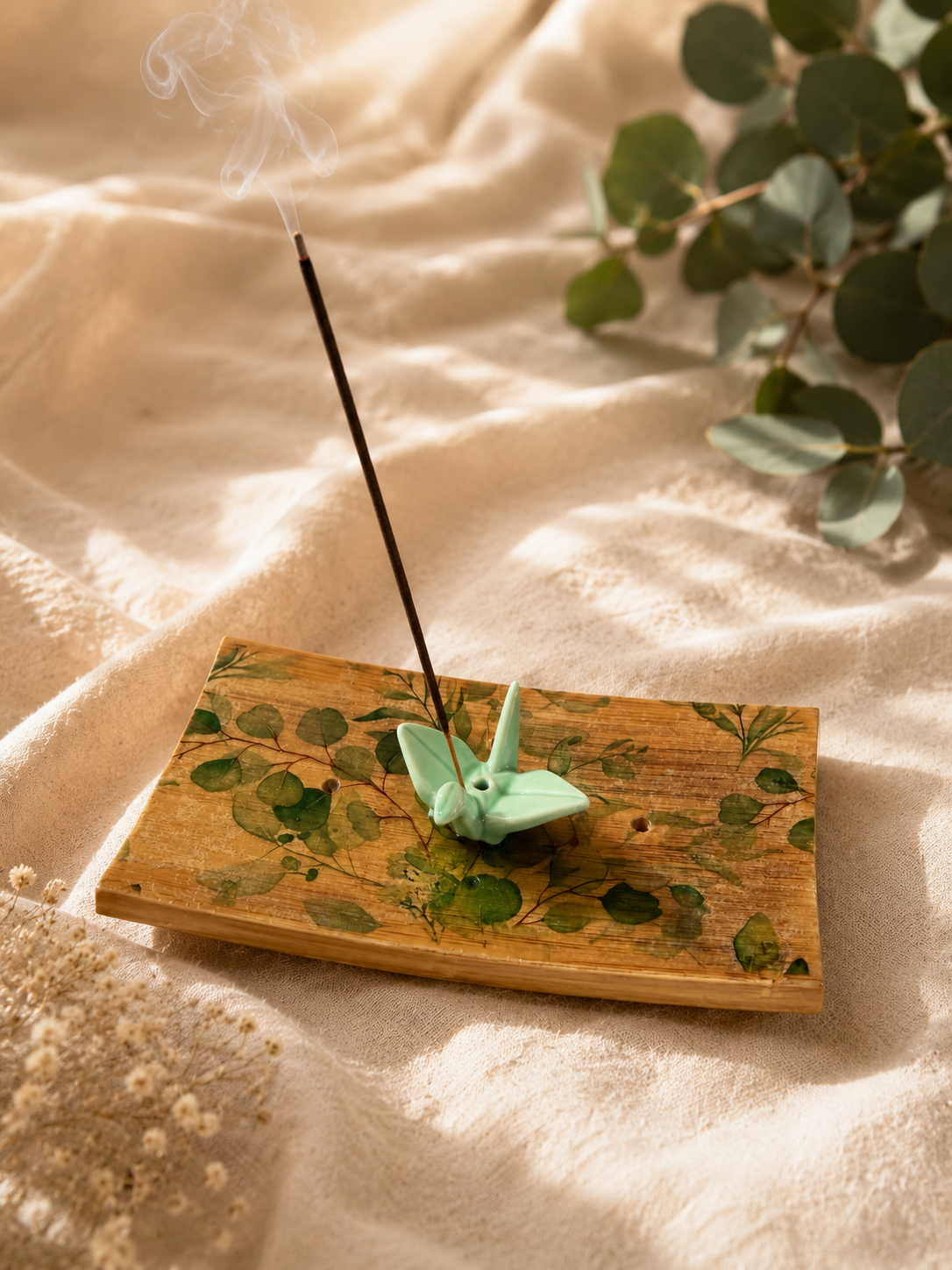 Origami Garden Incense Burner | Handcrafted Bamboo Incense Tray with Ceramic Crane Holder