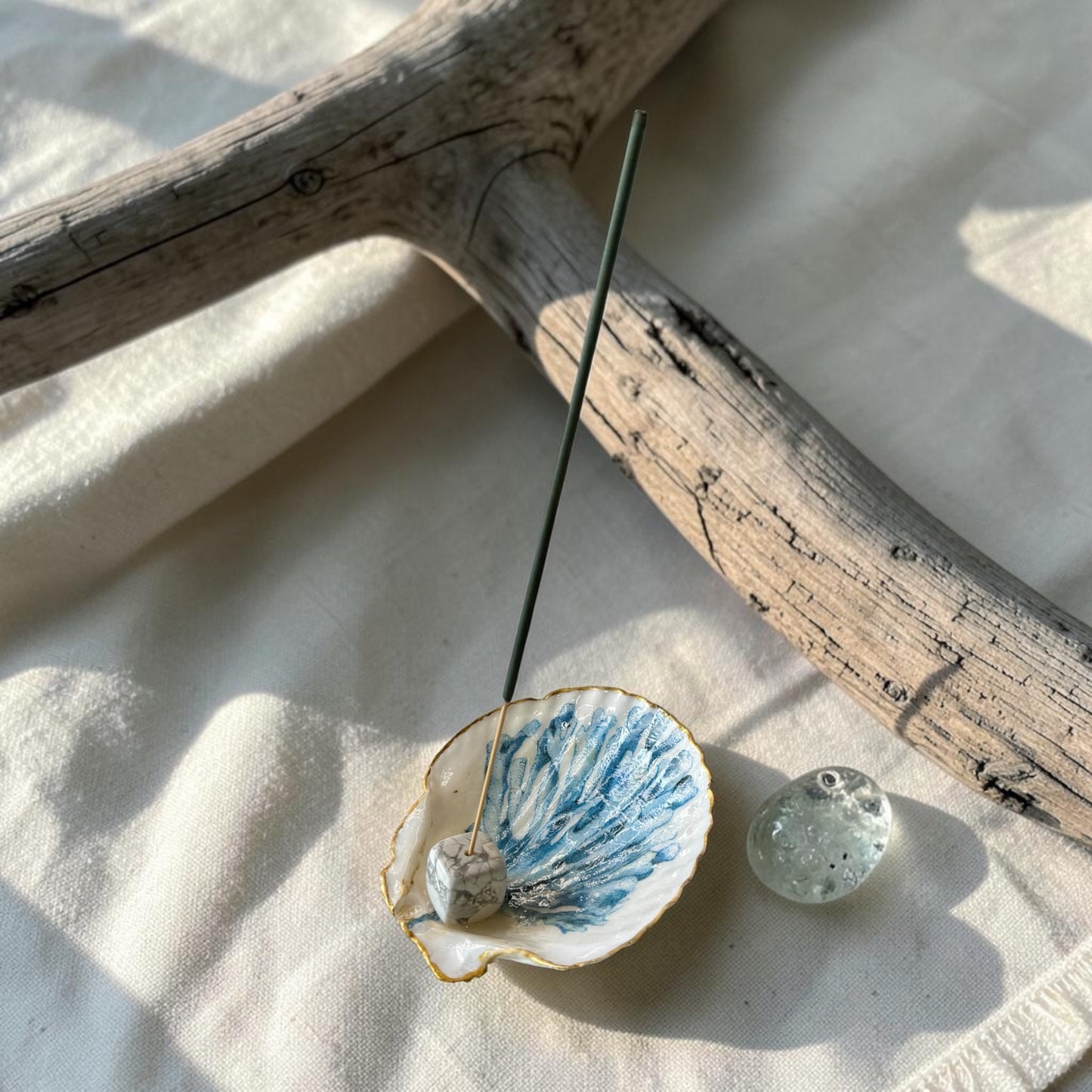 Coastal Blue Handmade Shell Incense Burner Collection | Decorated Scallop Shell with Crystal Incense Holders