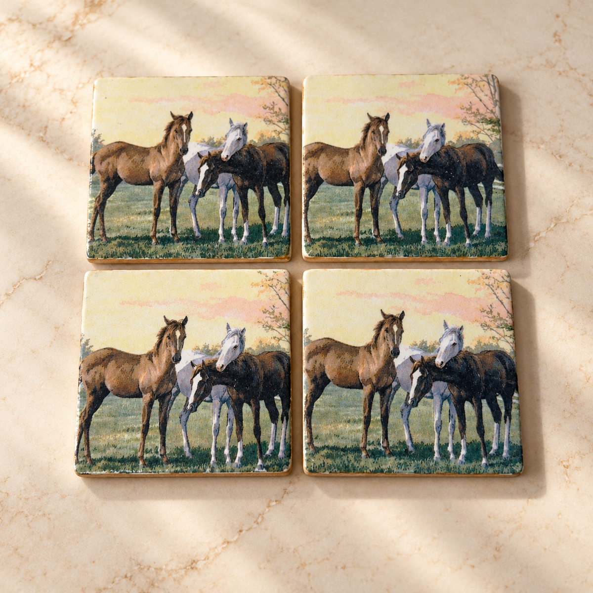 Western Horse Tile Coaster Set with Metal Holder