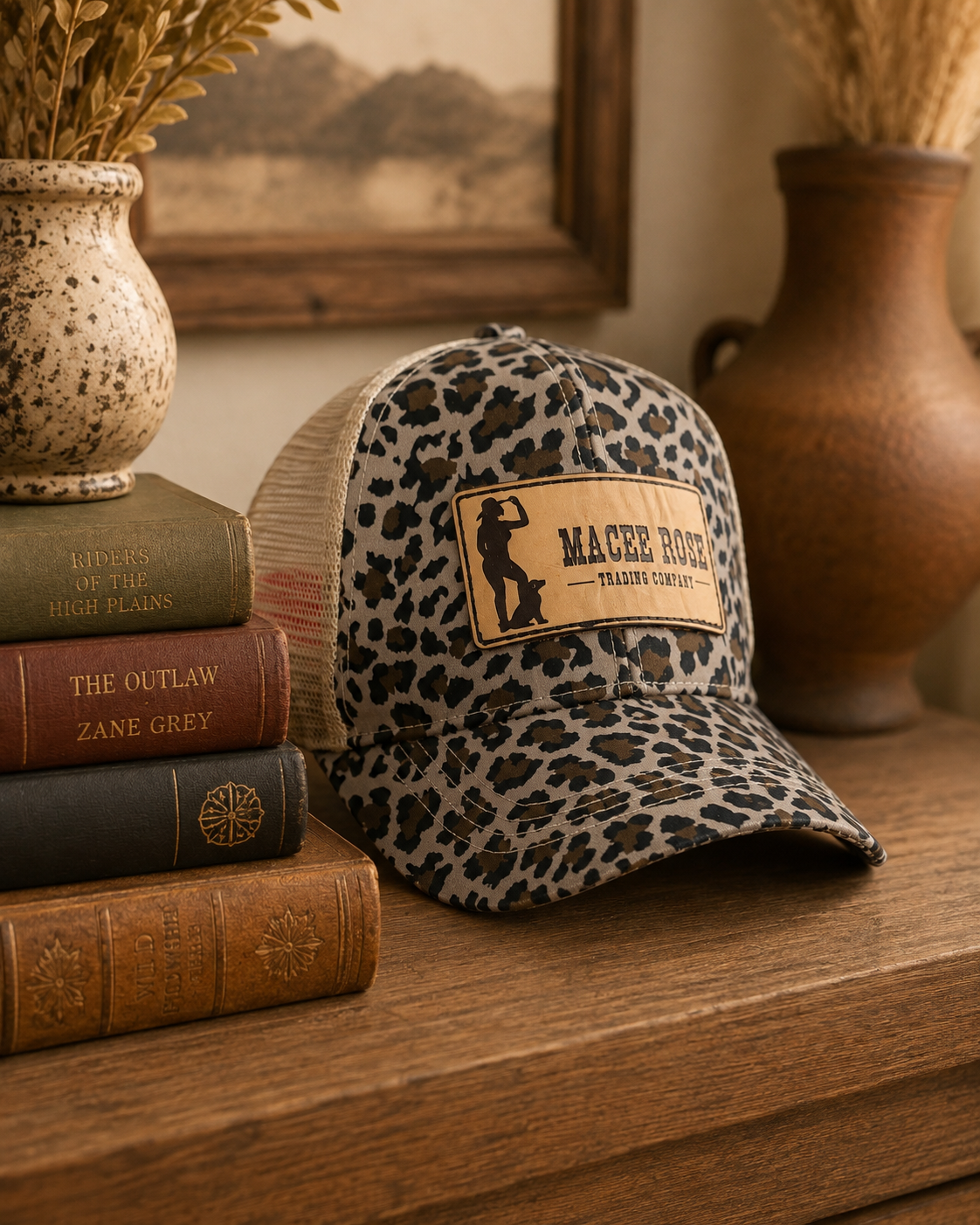 Macee Rose Leopard Ponytail Trucker Hat