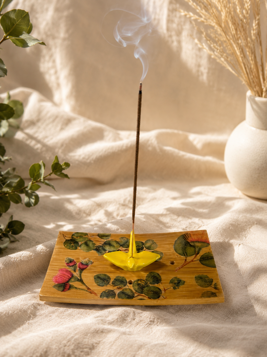 Origami Garden Incense Burner | Handcrafted Bamboo Incense Tray with Ceramic Crane Holder