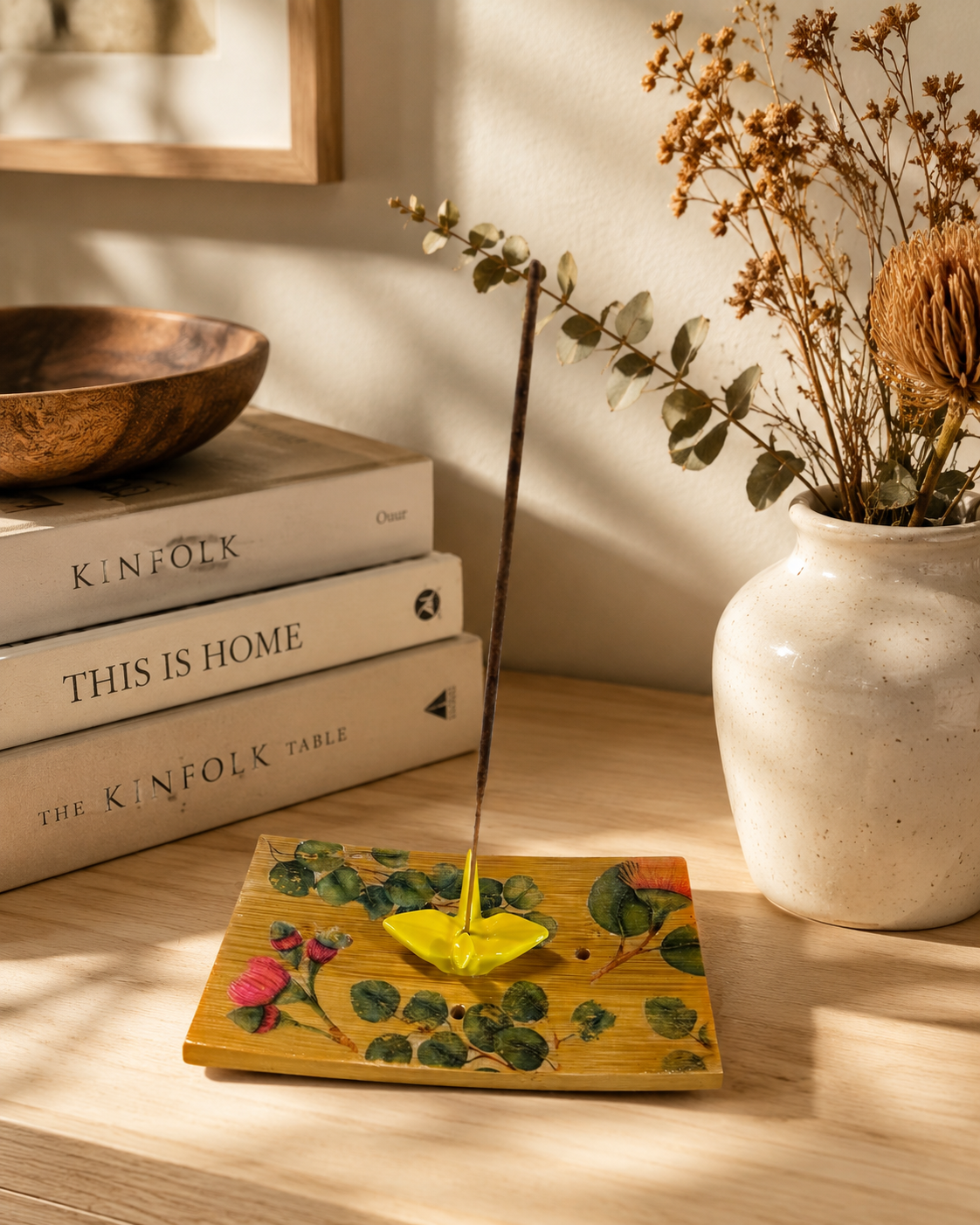 Origami Garden Incense Burner | Handcrafted Bamboo Incense Tray with Ceramic Crane Holder