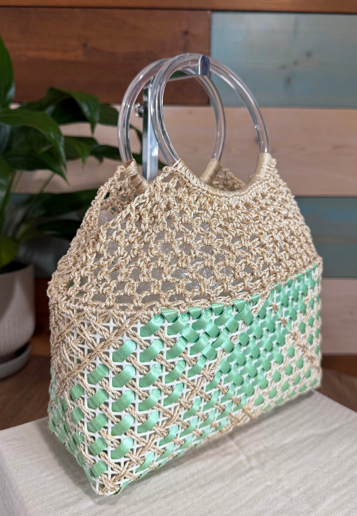 Vintage Mint Macramé Lucite Handle Handbag
