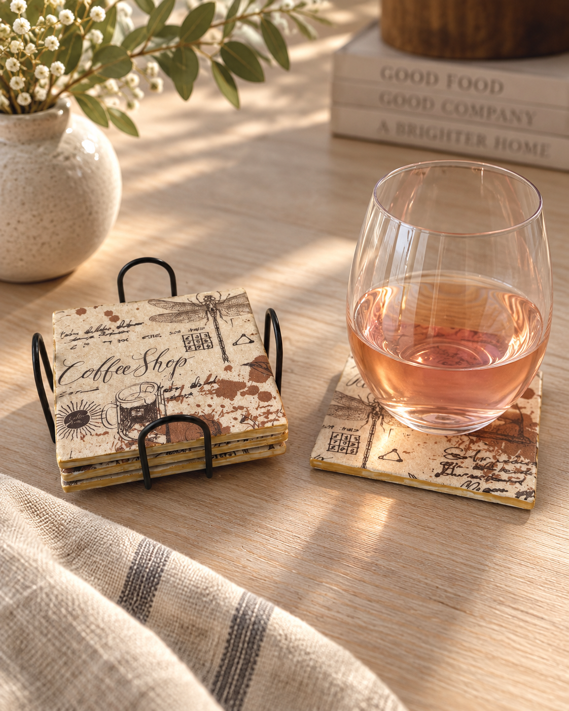 Vintage Coffee Shop Coaster Set with Holder