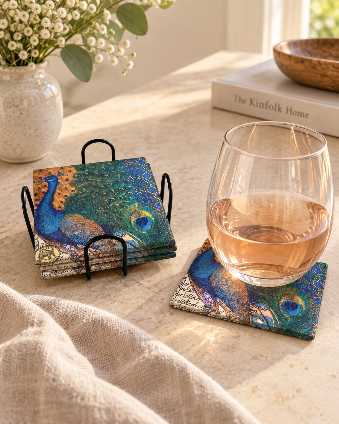 Peacock Splendor Handcrafted Coaster Set with Metal Holder