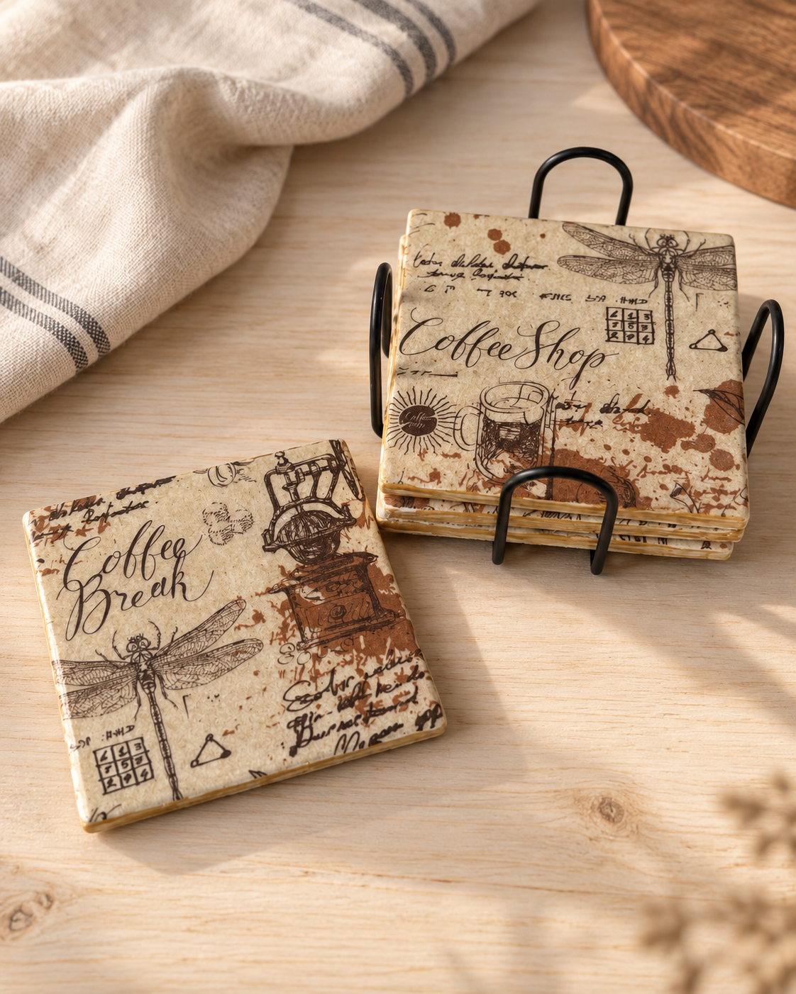 Vintage Coffee Shop Coaster Set with Holder