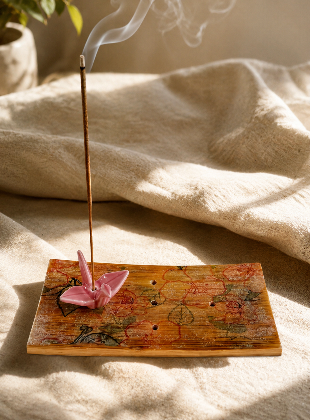 Origami Garden Incense Burner | Handcrafted Bamboo Incense Tray with Ceramic Crane Holder