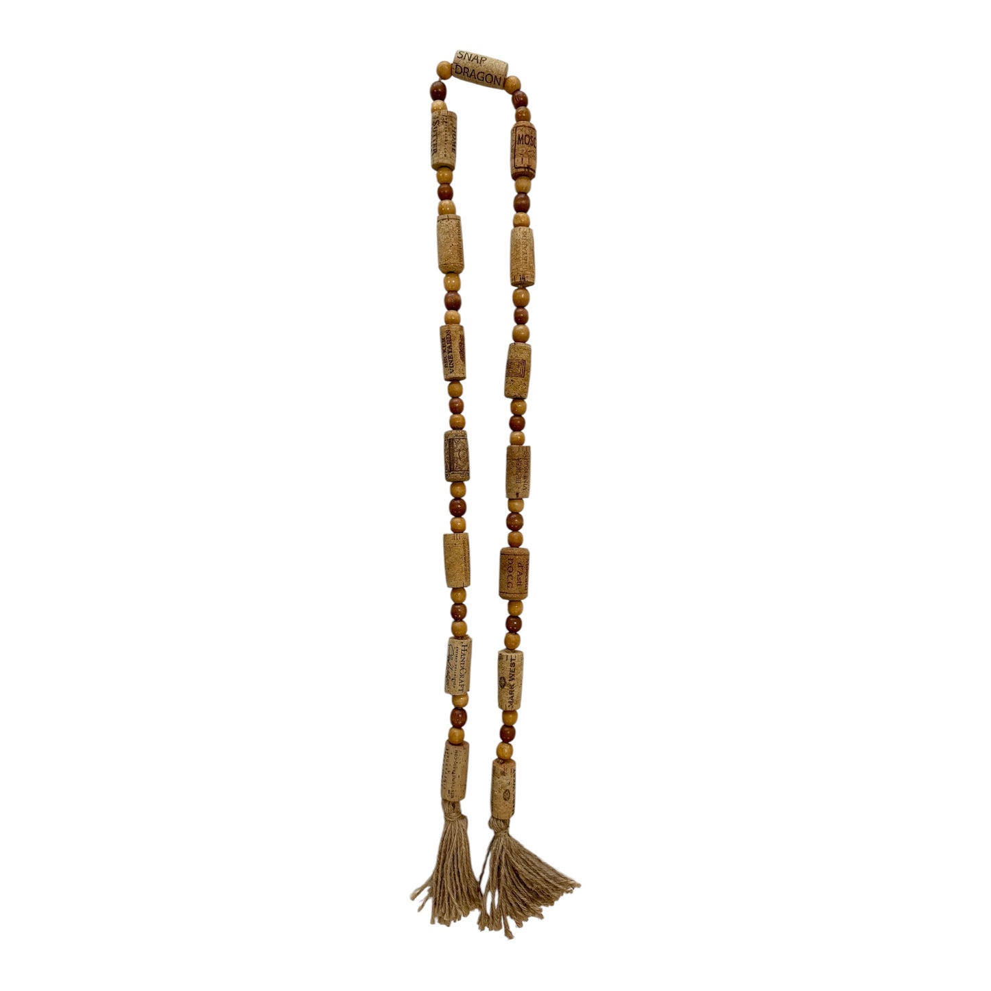 Handcrafted Wine Cork Garland – Timeless Rustic Boho Decor with Round Wood Beads & Tassels