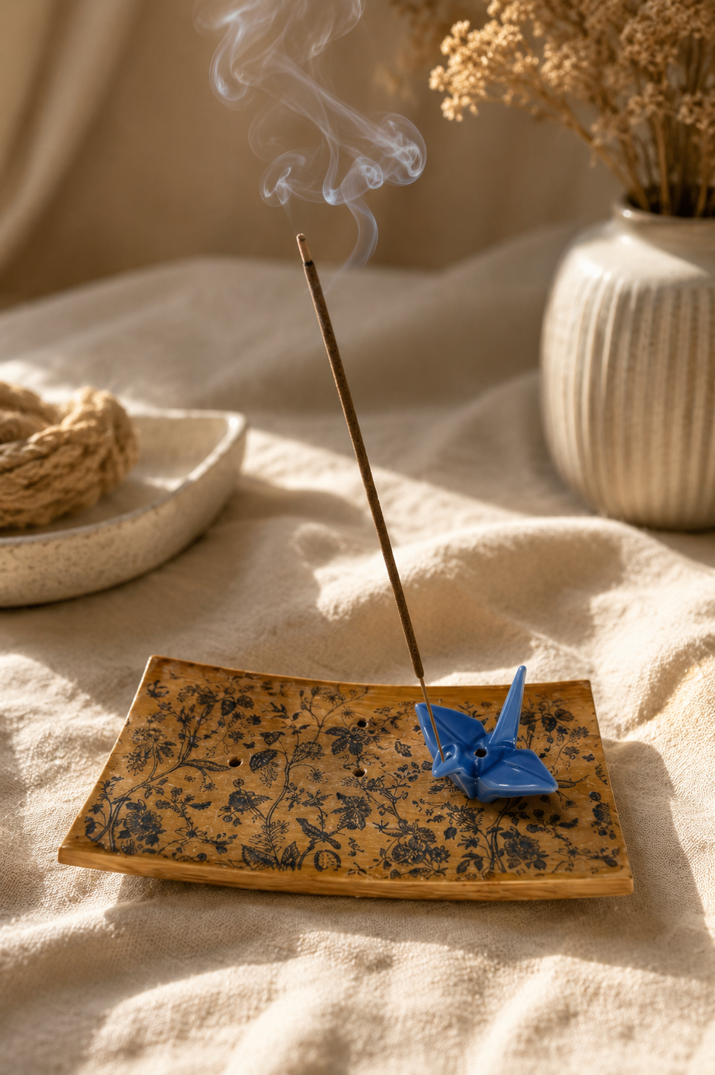 Origami Garden Incense Burner | Handcrafted Bamboo Incense Tray with Ceramic Crane Holder