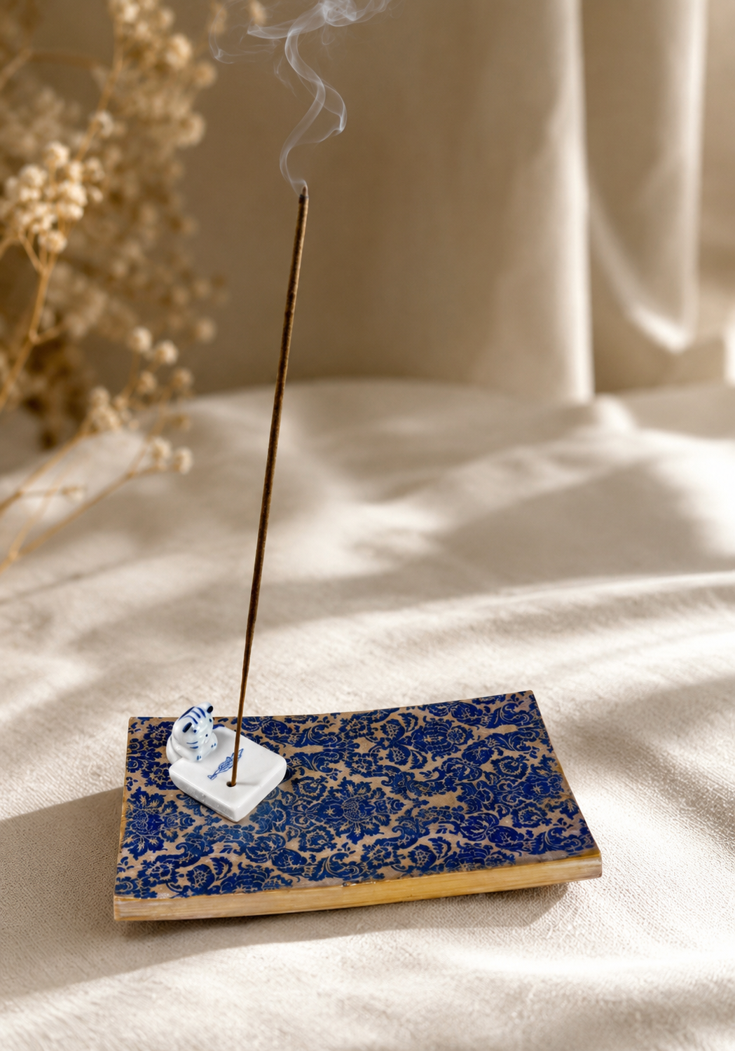 Furry Friends Blue Willow Incense Tray – Handcrafted Wooden Incense Burner with Ceramic Cat Holder