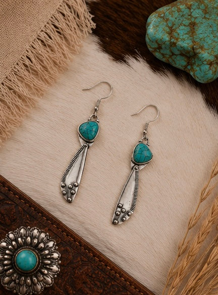 Turquoise Silver Boho Drop Earrings – Western Statement Earrings