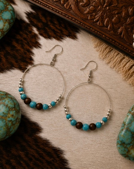 Turquoise & Wood Beaded Hoop Earrings